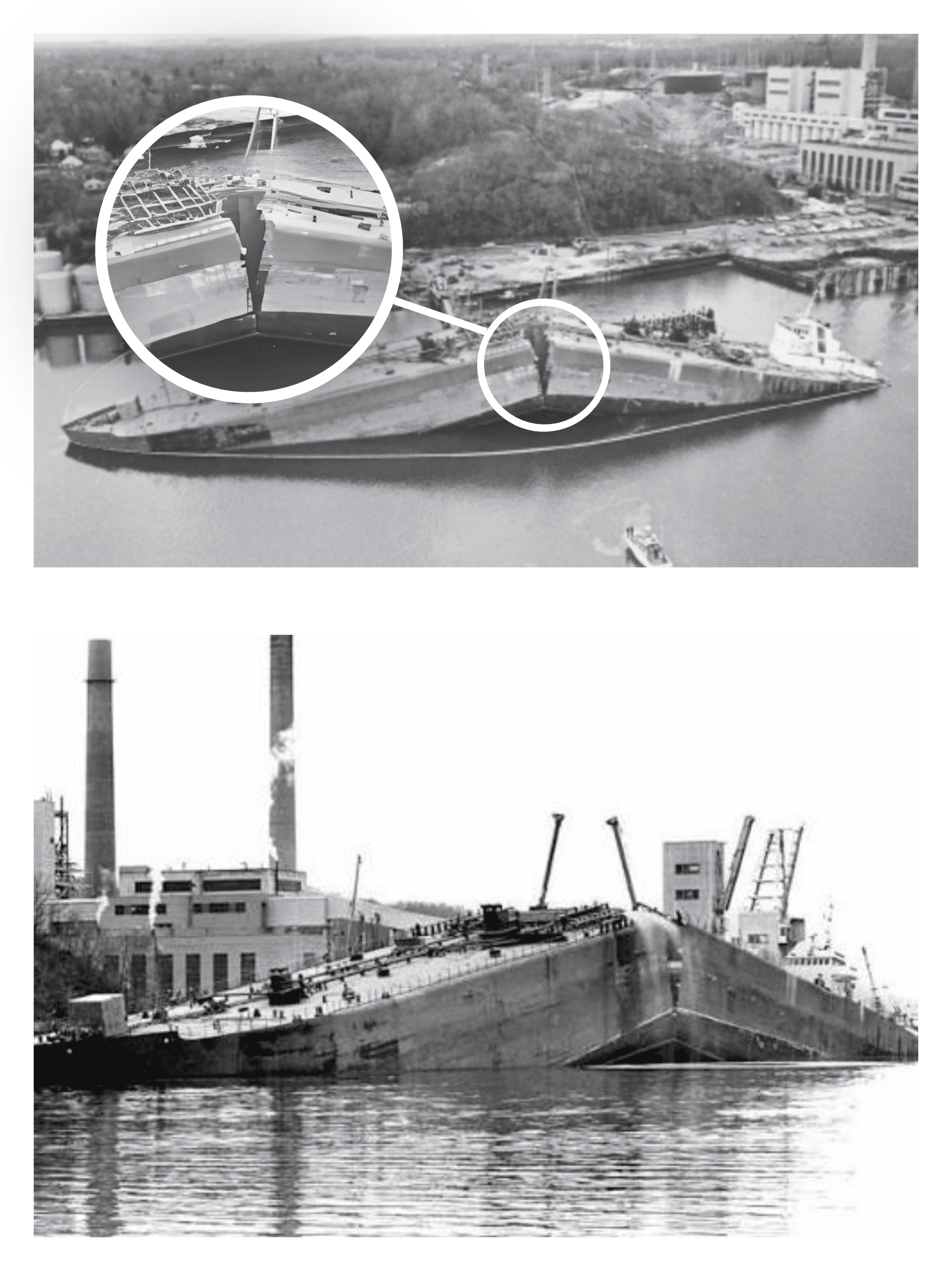 Brittle fracture of a large cargo ship showing catastrophic structural failure of the hull in an industrial harbour