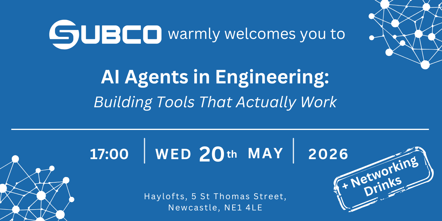 Event banner with a blue background and a white network/node graphic in the top-right and bottom-left corners. Text reads: "Subco warmly welcomes you to AI Agents in Engineering: Building Tools That Actually Work. 17:00, Wed 20th May 2026. Haylofts, 5 St Thomas Street, Newcastle, NE1 4LE." A stamp-style badge in the bottom-right corner reads "+ Networking Drinks".