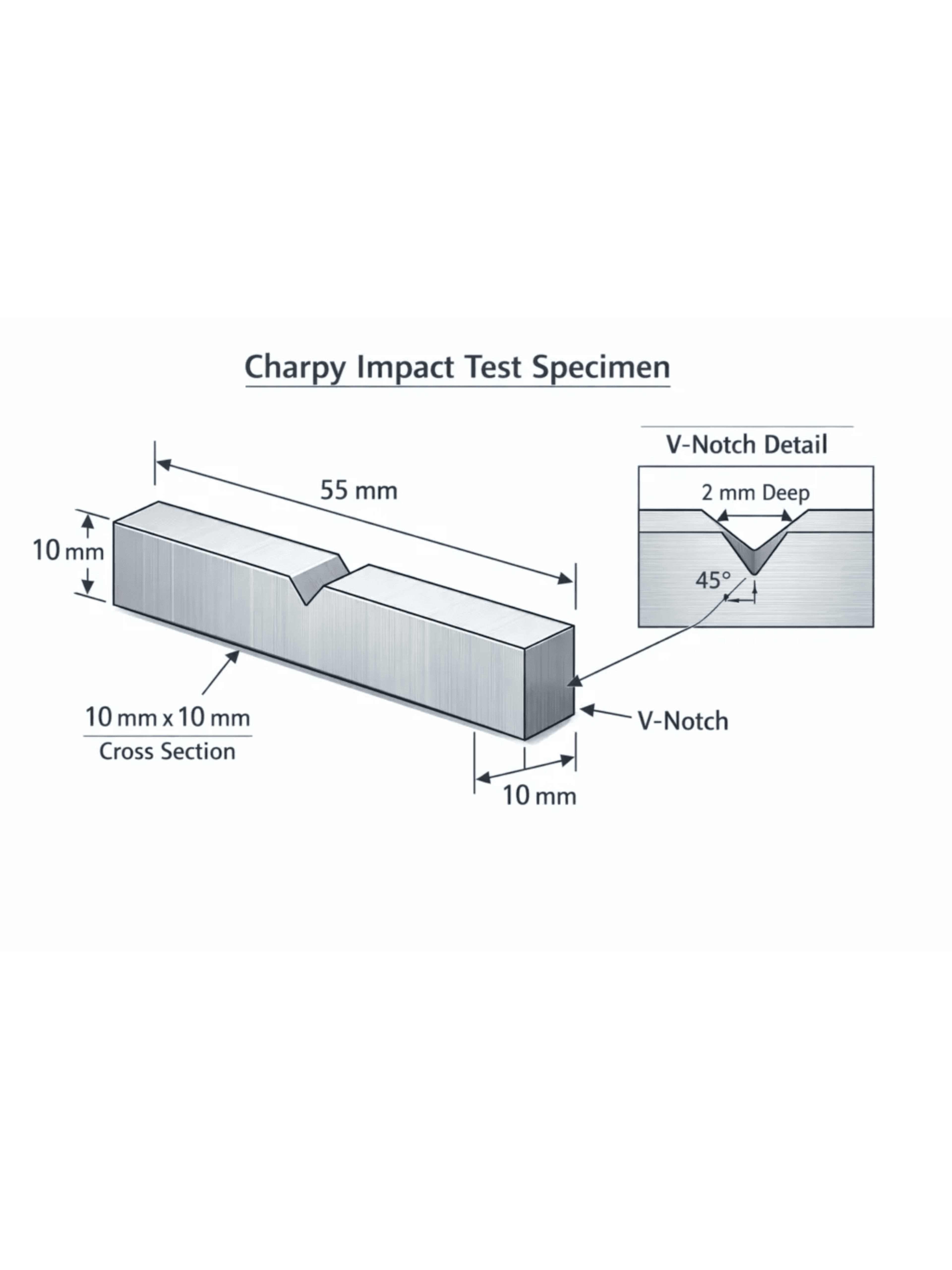 Diagram of a standard Charpy V-notch test specimen showing a 55mm x 10mm x 10mm steel bar with a V-notch cut to 2mm depth at a 45-degree angle