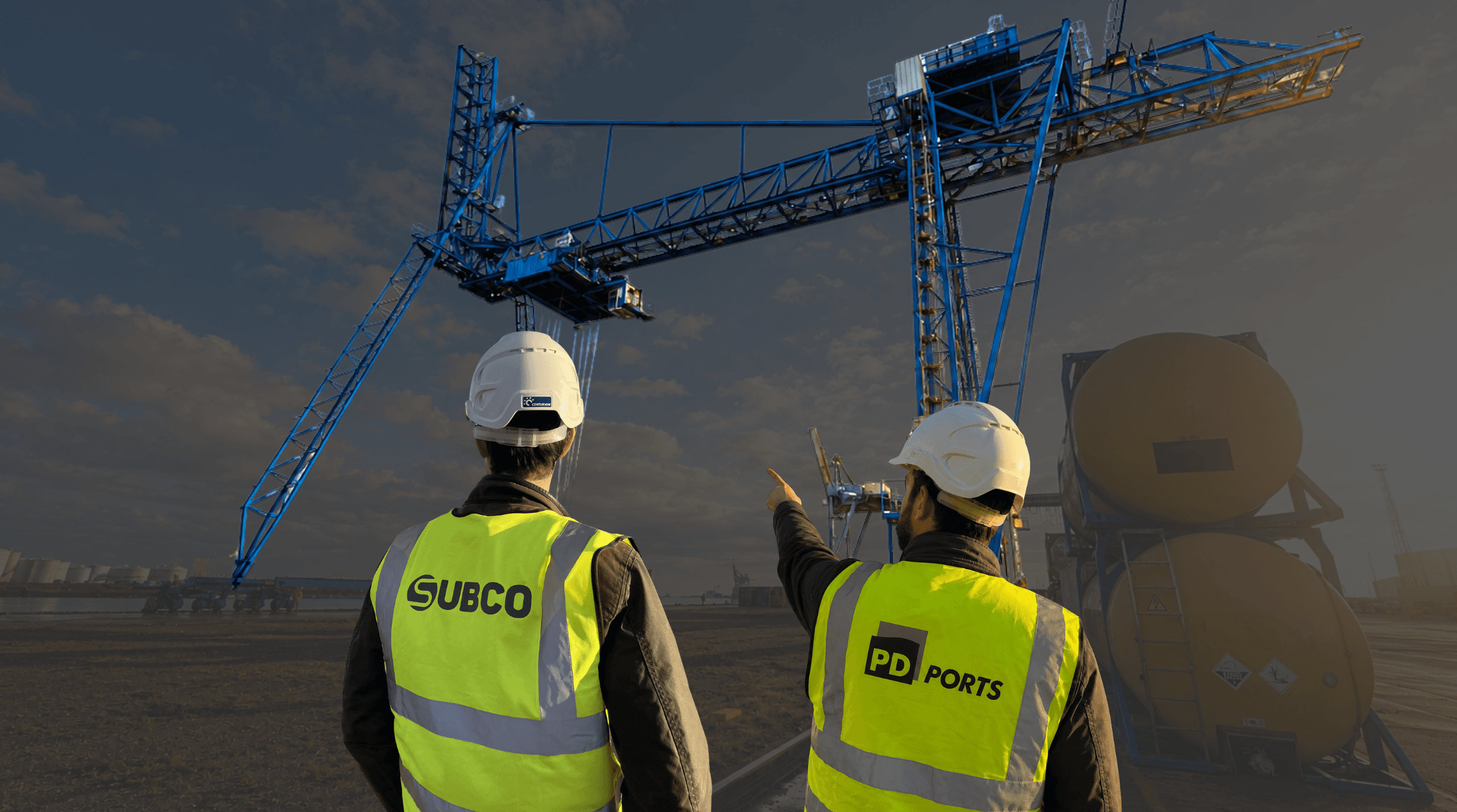 Subco and PD Ports engineers on site looking up at the portside crane during the site visit