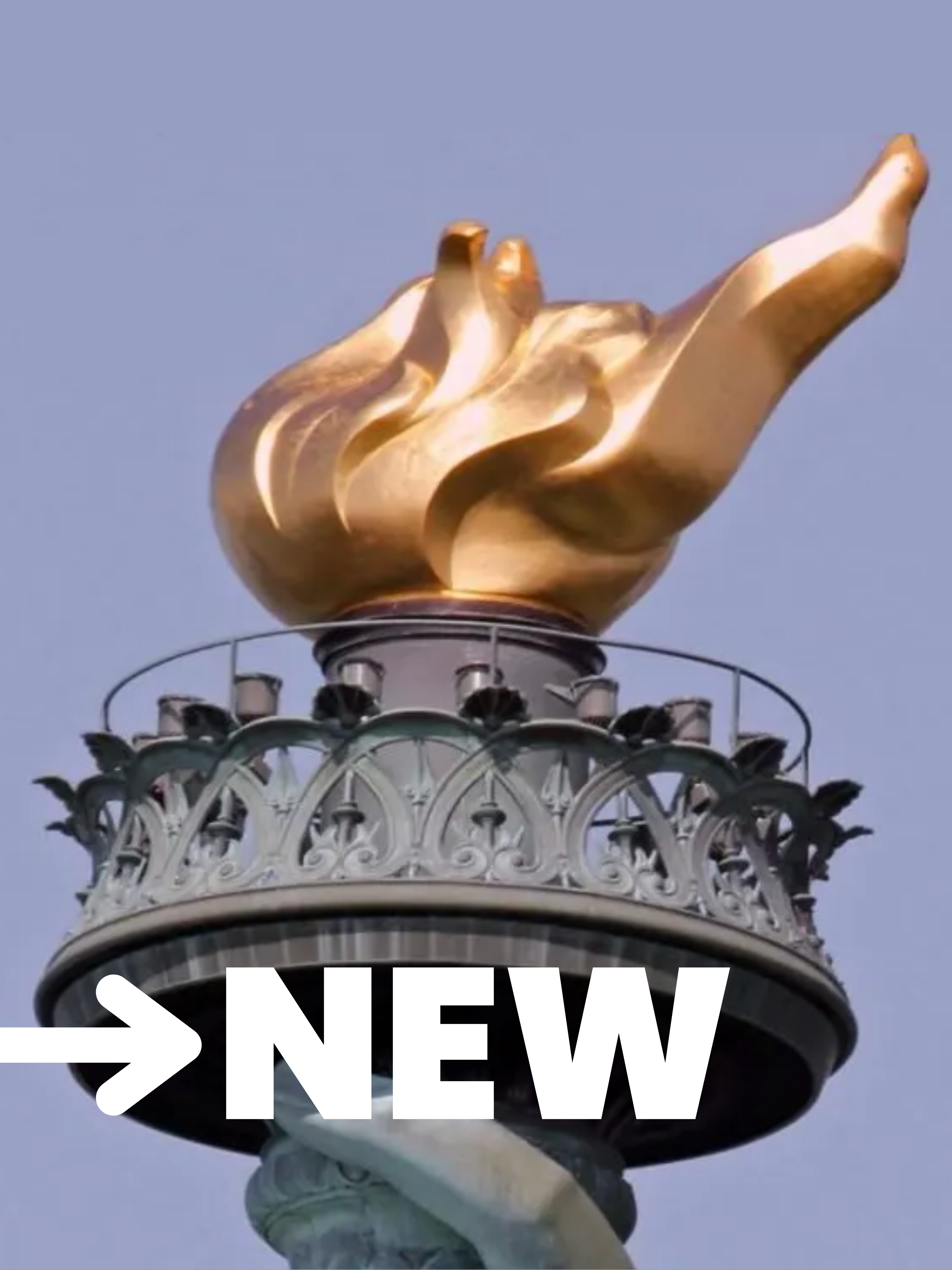 The Statue of Liberty's gold-leafed torch and flame, photographed from below, labelled 'NEW' to mark the replacement installed during the 1984–86 restoration after the original copper flame's iron armature corroded.